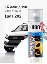 Фото Аэрозольная краска KUDO "1K эмаль автомобильная", Алкидная, Глянцевая, 0.52 л, ВАЗ Снежно-белая 202