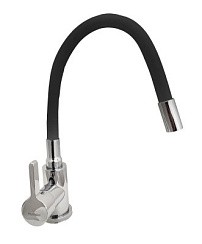 Фото Смеситель для мойки Pursh R99308E, однорычажный, нержавеющая сталь, хром,черный гибкий излив, гайка