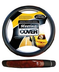 Фото Оплетка руля (M) Autoluxe AL-007 черная (вставки под дерево с хромированным обрамлением)