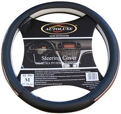 Фото Оплетка руля (M) Autoluxe AL-001 черная (гладк. поверхн. с вставками под дерево с хромированным обра