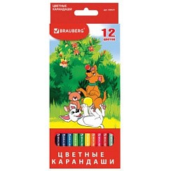 фото Карандаши цветные BRAUBERG "My lovely dogs", 12 цветов, шестигранные, натуральное дерево, 180531