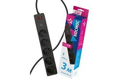 Фото Фильтр сетевой 5 гнёзд, 3м , черный, пвс 3х0,75мм2, 2 USB, КОСМОС