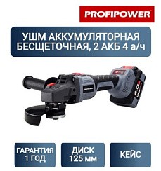 Фото Шлифмашина угловая аккумуляторная бесщеточная (2 аккум. 4Ач, ЗУ) Profipower MKDGA-18V