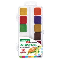 фото Краски акварельные BRAUBERG KIDS, медовые, 12 цветов, квадратные кюветы, пластиковый пенал, 192282