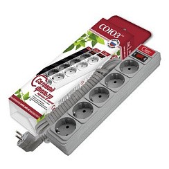 Фото Фильтр сетевой 5 гнёзд, 5м, с выкл., с/з, Серый, ПВС 3*0.75, 10А, СОЮЗ