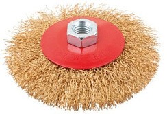 Фото Корщетка-колесо с наклоном, гайка М14, стальная волнистая латунированная проволока 100 мм КУРС