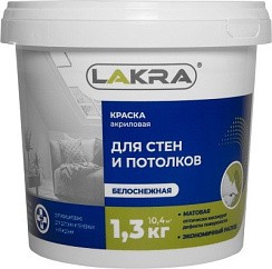 Фото Краска для стен и потолков акриловая Белоснежная Лакра 1,3кг Л-С